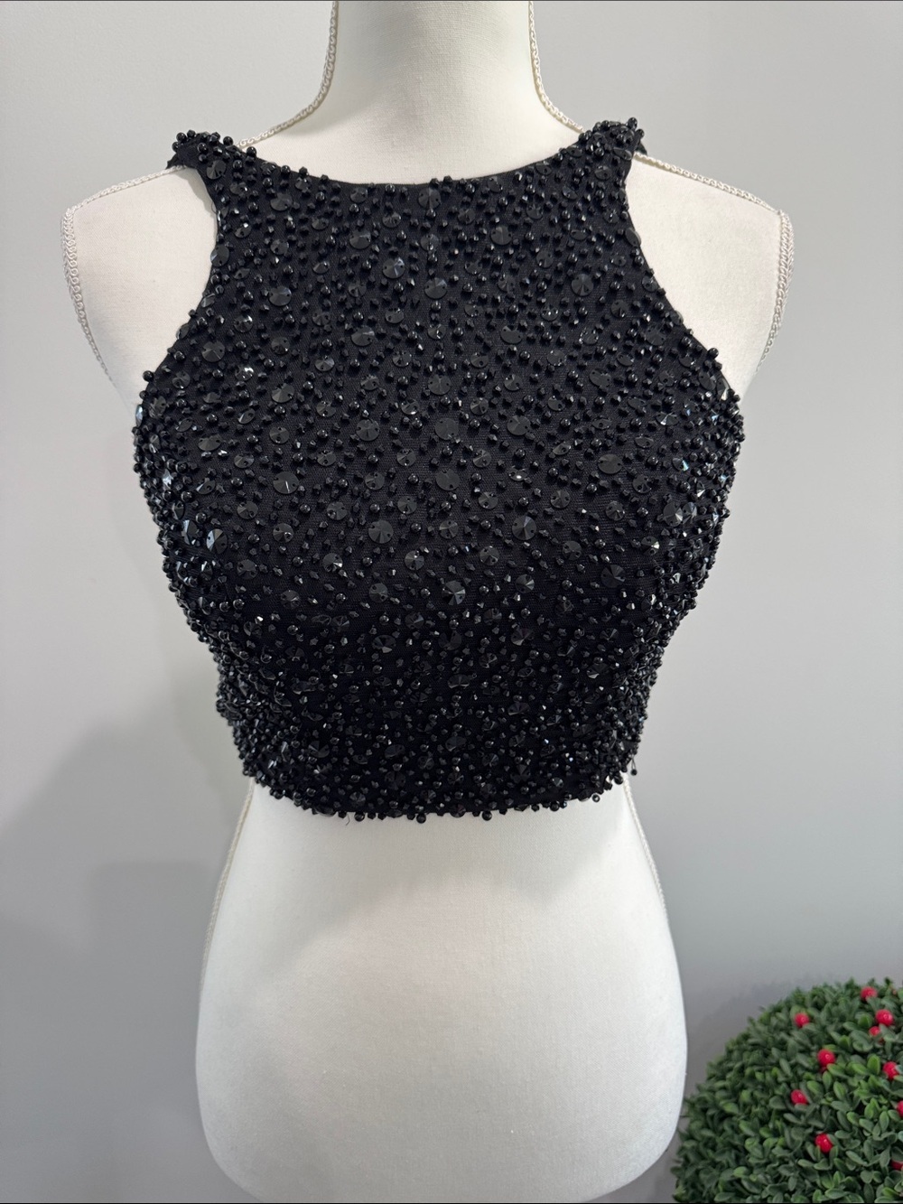 Cinderella Divine Black Beaded Crop Halter Top Sz 4